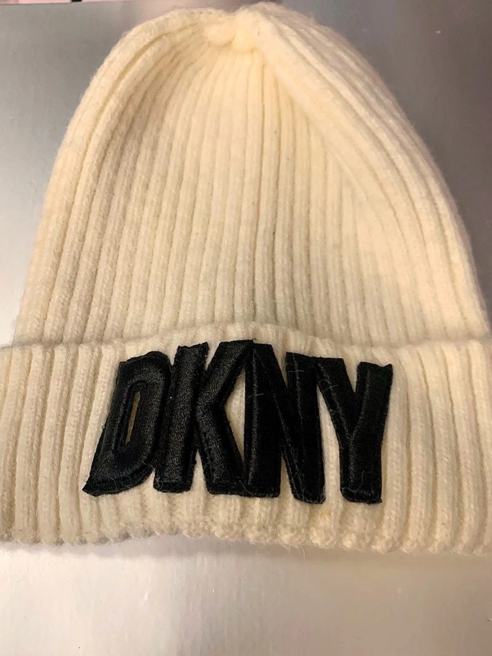 DKNY Logo Ribbed Beanie Cream
